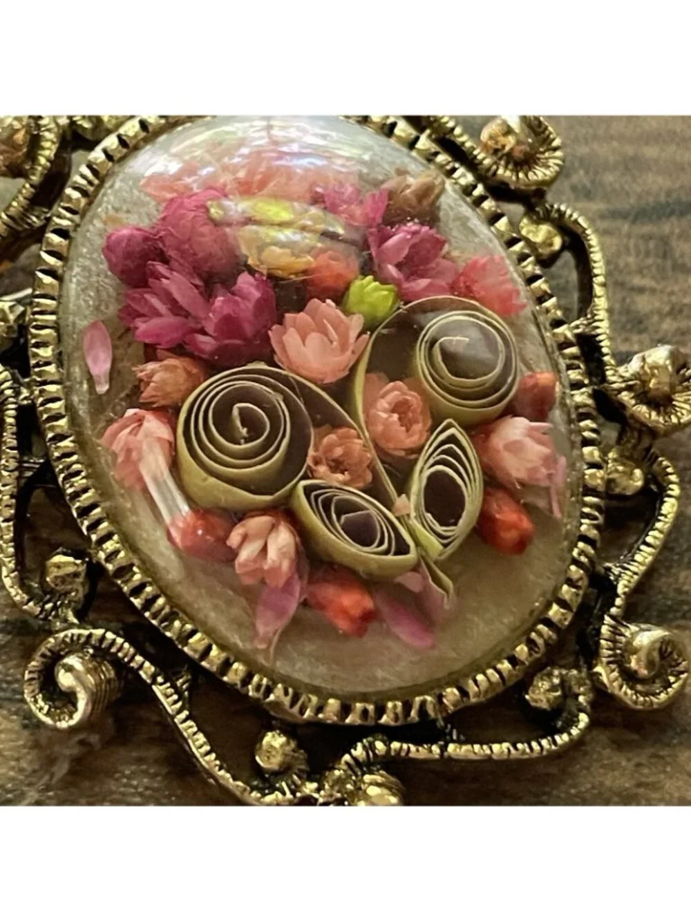 Vintage Floral Brooch Pendant Dried Paper Quilling Flowers Victorian Revival